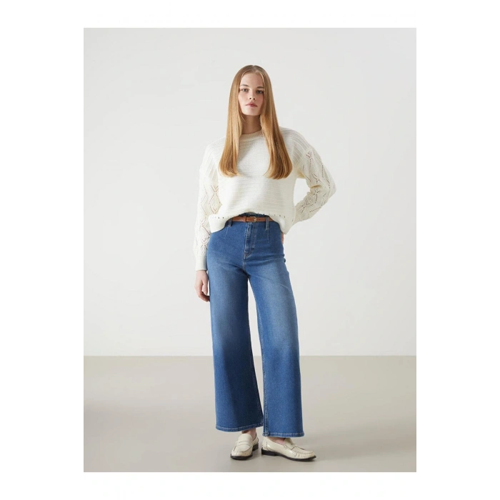 Beli Kemerli Wideleg Kadın Jean Pantolon (S5)