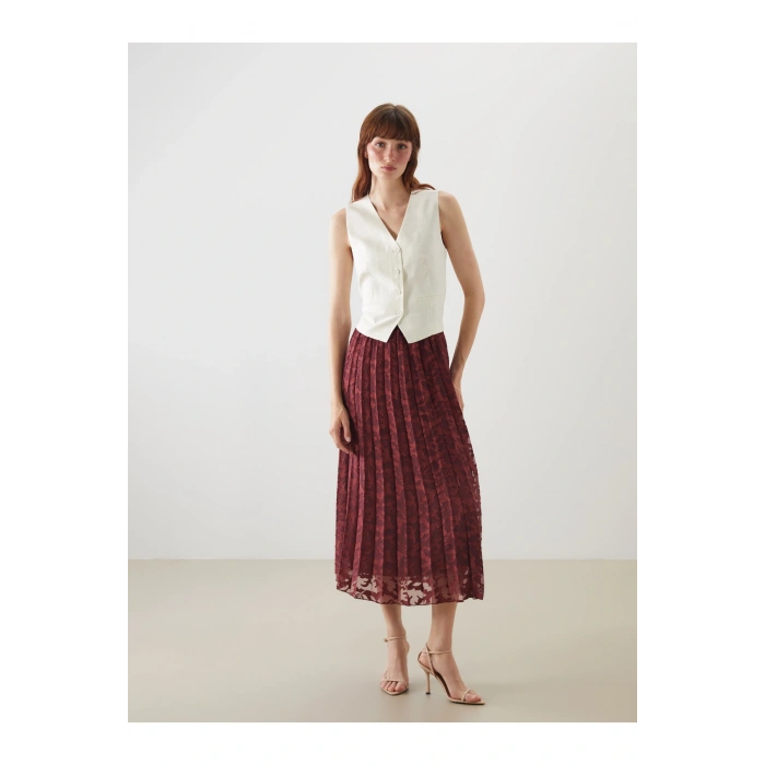 Beli Lastikli Desenli Pileli Etek