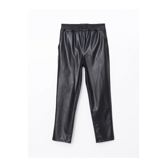 Beli Lastikli Havuç Kesim Deri Görünümlü Kadın Pantolon