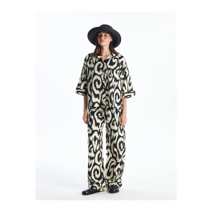 Beli Lastikli Rahat Kalıp Desenli Kadın Pantolon