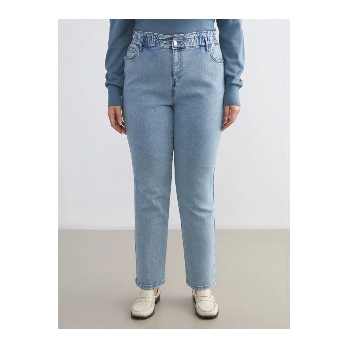 Beli Lastikli Slim Mom Kadın Jean Pantolon