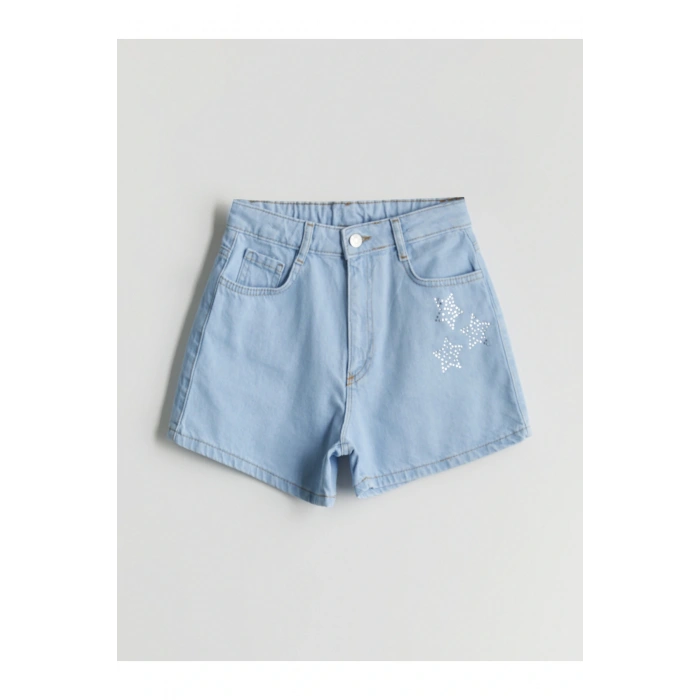 Beli Lastikli Taşlı Kız Çocuk Jean Şort