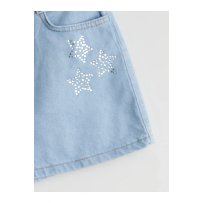 Beli Lastikli Taşlı Kız Çocuk Jean Şort