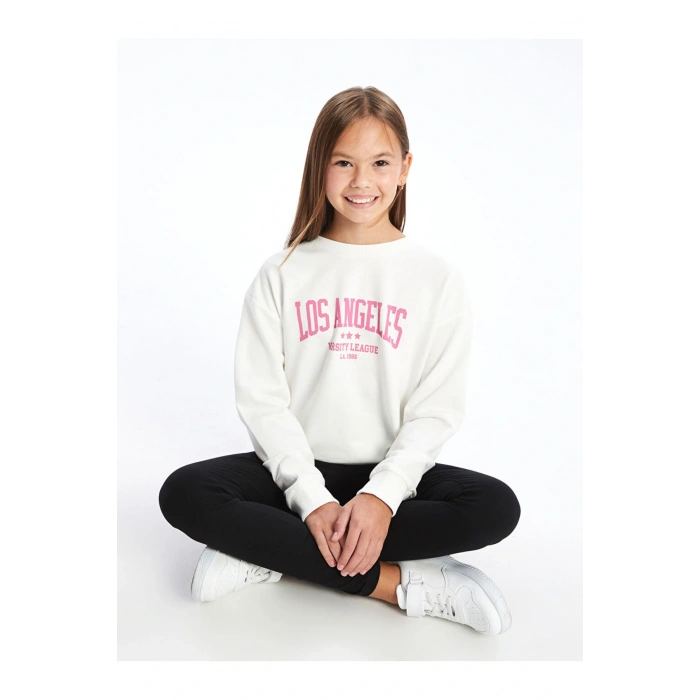 Beyaz Bisiklet Yaka Kız Çocuk Sweatshirt