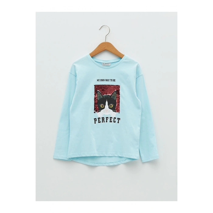 Bisiklet Yaka Baskılı Çift Yönlü Payetli Uzun Kollu Kız Çocuk Tişört