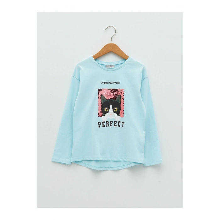 Bisiklet Yaka Baskılı Çift Yönlü Payetli Uzun Kollu Kız Çocuk Tişört