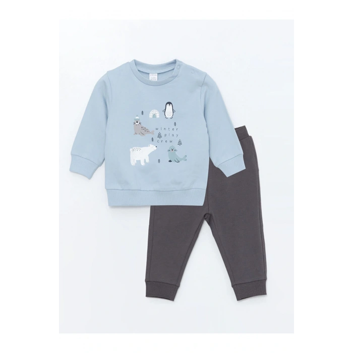 Bisiklet Yaka Baskılı Erkek Bebek Sweatshirt ve Eşofman Alt 2li Takım