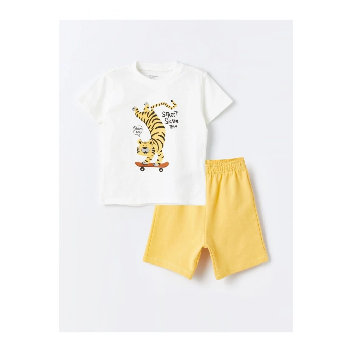 Bisiklet Yaka Baskılı Erkek Bebek Tişört ve Şort 2li Takım