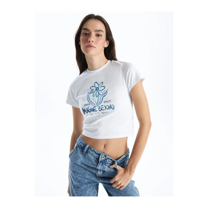 Bisiklet Yaka Baskılı Kısa Kollu Kadın Crop