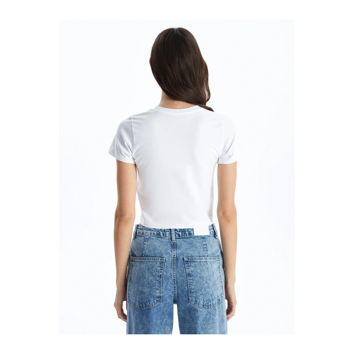 Bisiklet Yaka Baskılı Kısa Kollu Kadın Crop