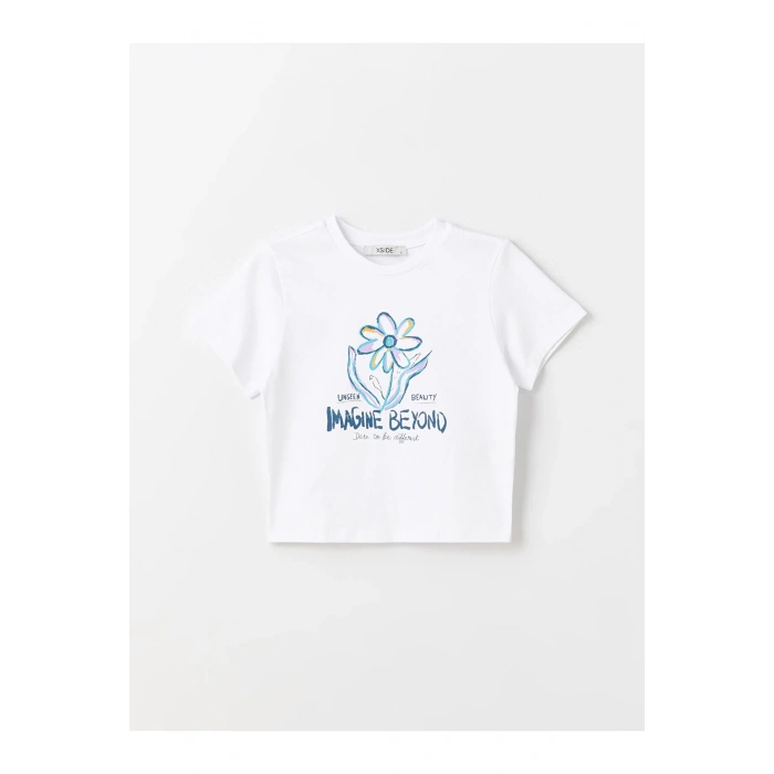 Bisiklet Yaka Baskılı Kısa Kollu Kadın Crop