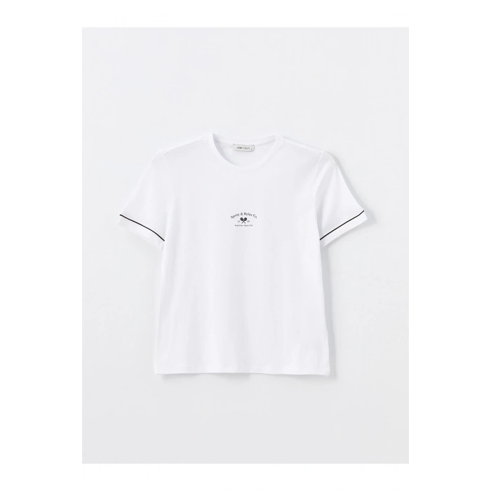 Bisiklet Yaka Baskılı Kısa Kollu Kadın Tişört