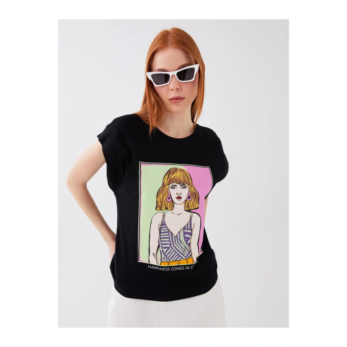 Bisiklet Yaka Baskılı Kısa Kollu Kadın Tişört