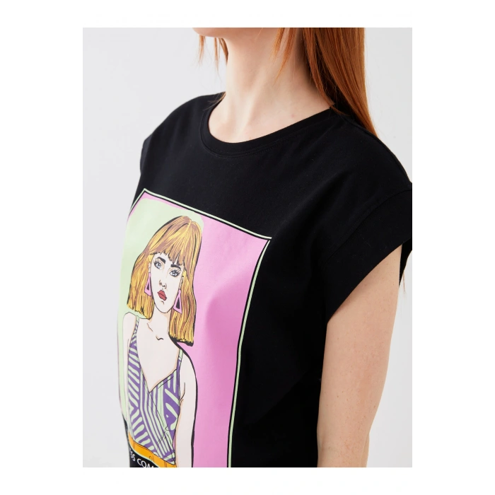 Bisiklet Yaka Baskılı Kısa Kollu Kadın Tişört