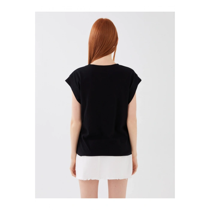 Bisiklet Yaka Baskılı Kısa Kollu Kadın Tişört