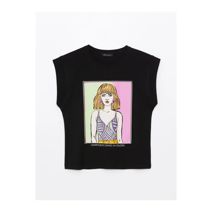 Bisiklet Yaka Baskılı Kısa Kollu Kadın Tişört