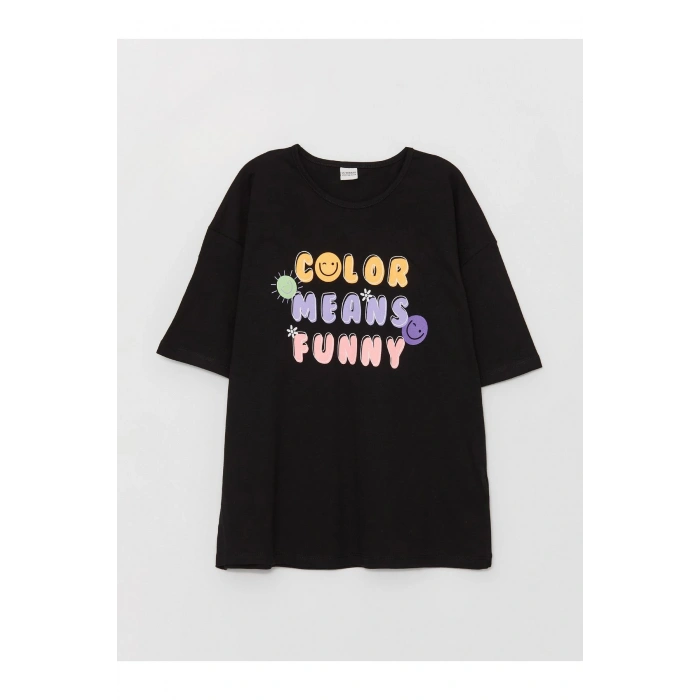 Bisiklet Yaka Baskılı Kısa Kollu Kız Çocuk Tişört