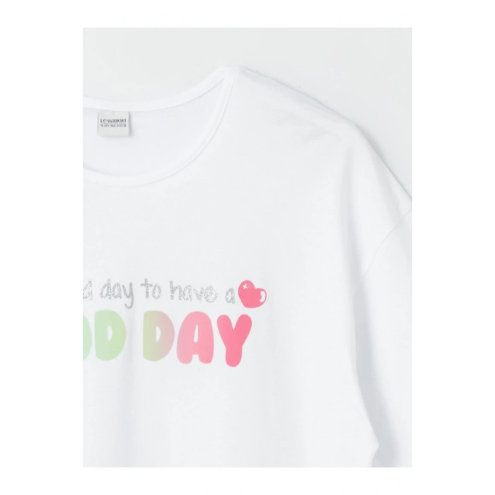 Bisiklet Yaka Baskılı Kısa Kollu Kız Çocuk Tişört