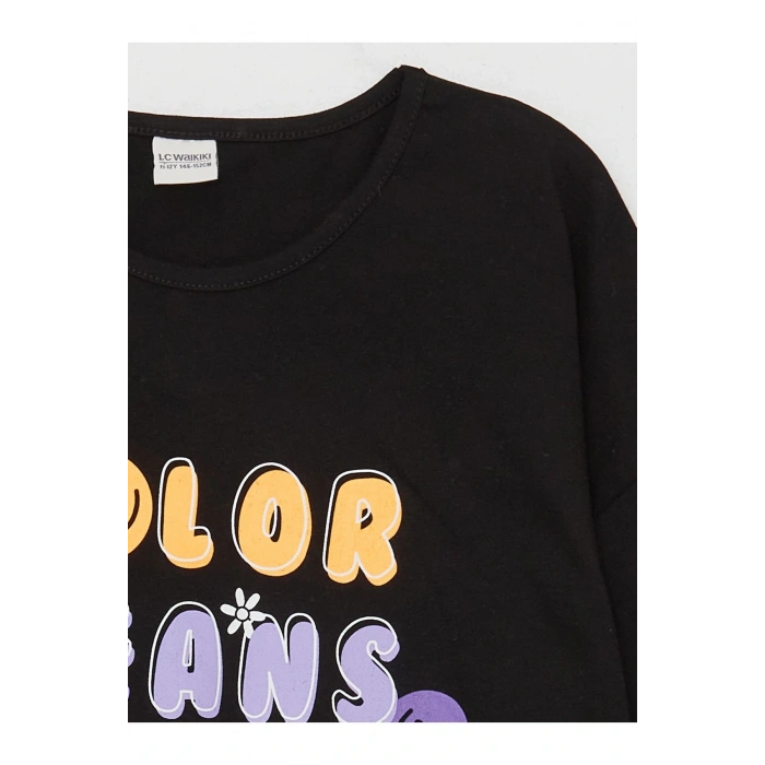 Bisiklet Yaka Baskılı Kısa Kollu Kız Çocuk Tişört