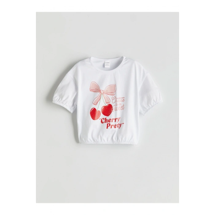 Bisiklet Yaka Baskılı Kız Çocuk Tişört