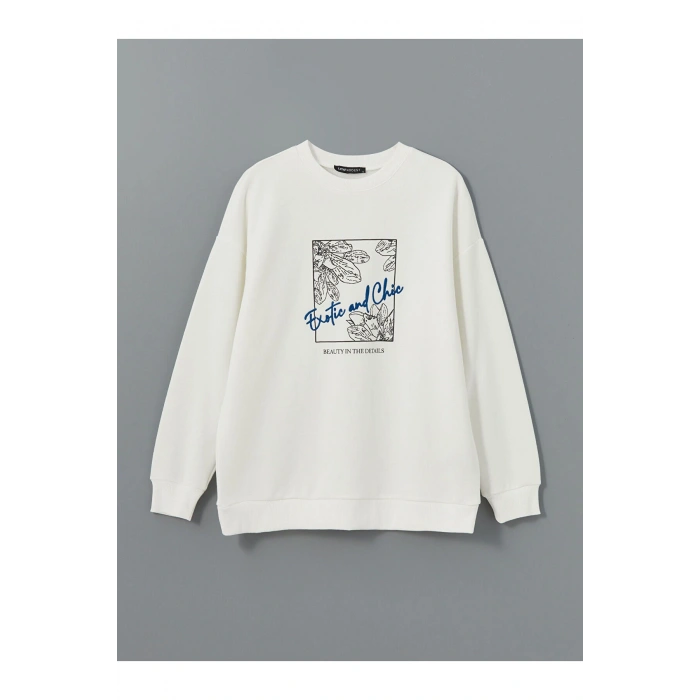 Bisiklet Yaka Baskılı Oversize Kadın Kalın Sweatshirt Tunik