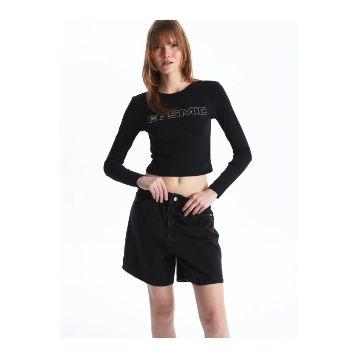 Bisiklet Yaka Baskılı Uzun Kollu Kadın Crop