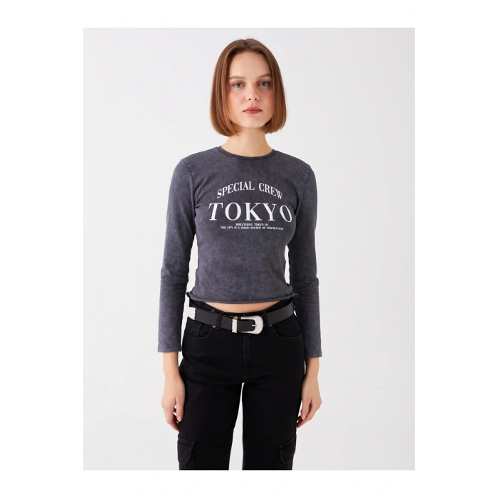 Bisiklet Yaka Baskılı Uzun Kollu Kadın Crop