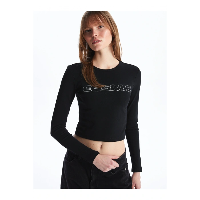 Bisiklet Yaka Baskılı Uzun Kollu Kadın Crop