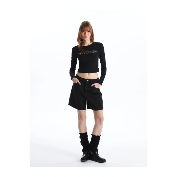 Bisiklet Yaka Baskılı Uzun Kollu Kadın Crop