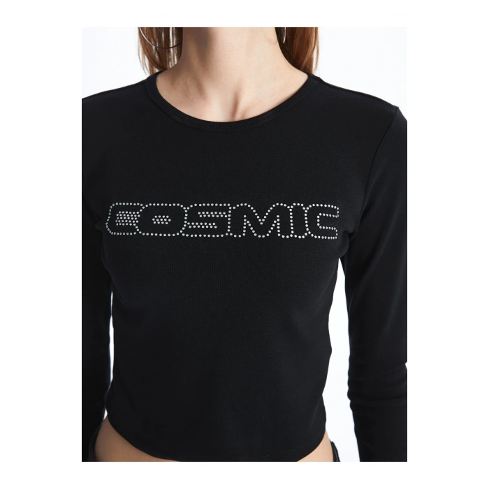 Bisiklet Yaka Baskılı Uzun Kollu Kadın Crop