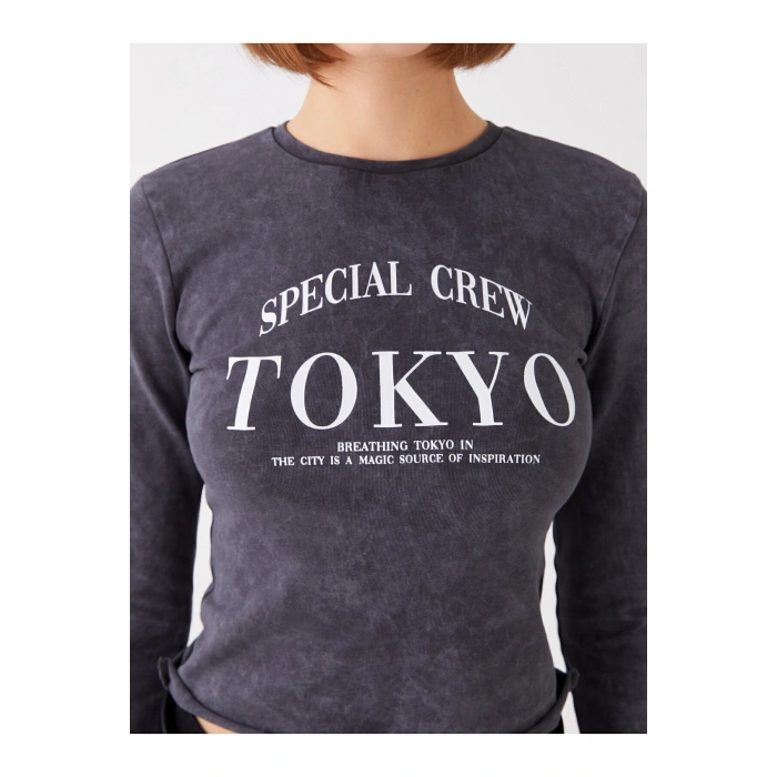 Bisiklet Yaka Baskılı Uzun Kollu Kadın Crop