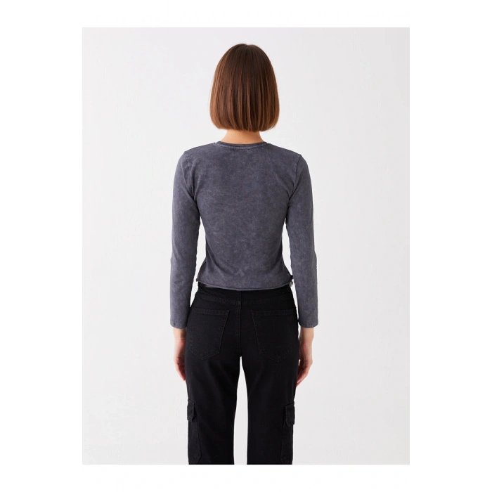 Bisiklet Yaka Baskılı Uzun Kollu Kadın Crop