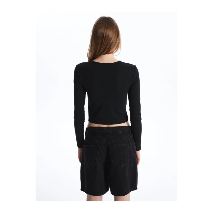 Bisiklet Yaka Baskılı Uzun Kollu Kadın Crop