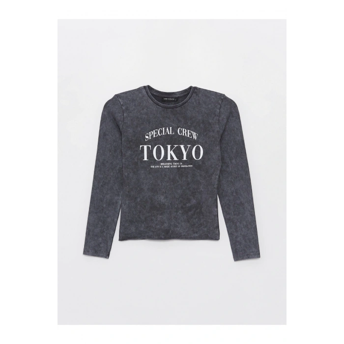 Bisiklet Yaka Baskılı Uzun Kollu Kadın Crop