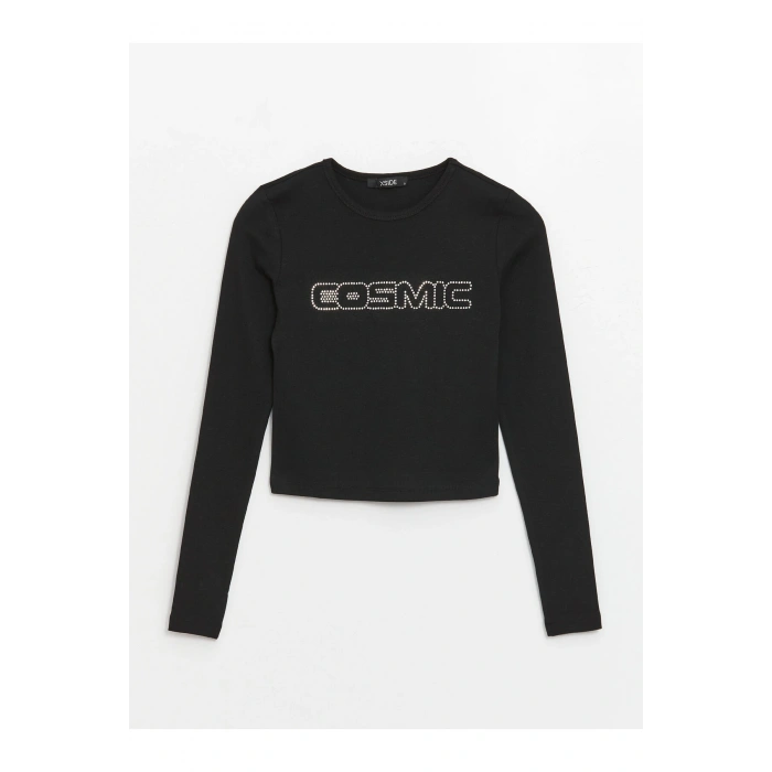 Bisiklet Yaka Baskılı Uzun Kollu Kadın Crop