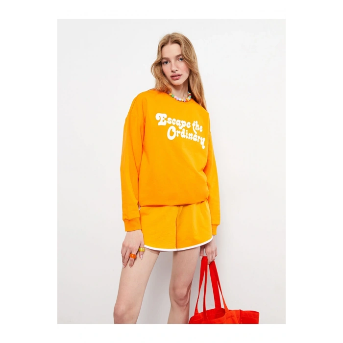 Bisiklet Yaka Baskılı Uzun Kollu Kadın Sweatshirt