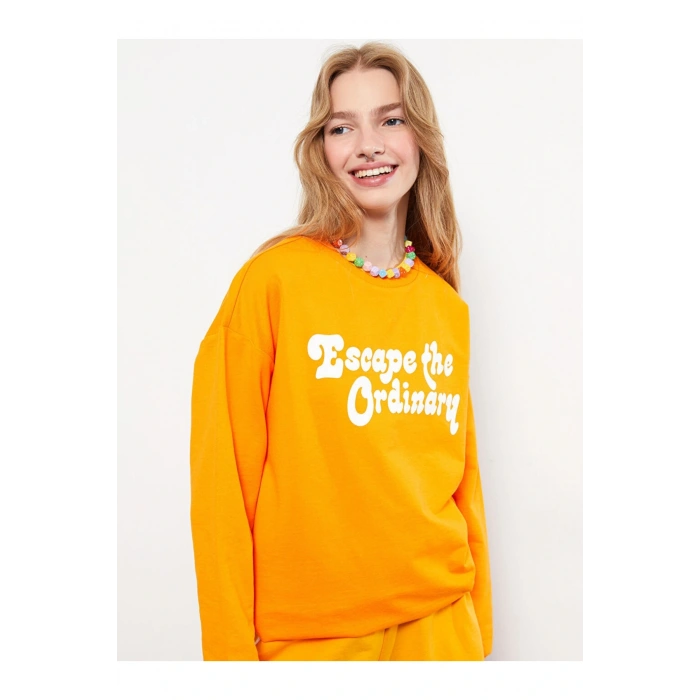 Bisiklet Yaka Baskılı Uzun Kollu Kadın Sweatshirt