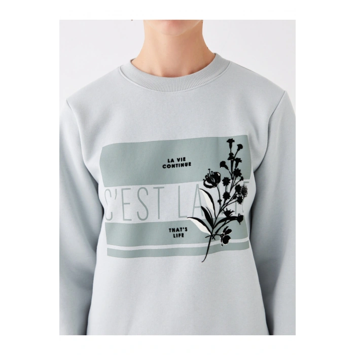 Bisiklet Yaka Baskılı Uzun Kollu Kadın Sweatshirt