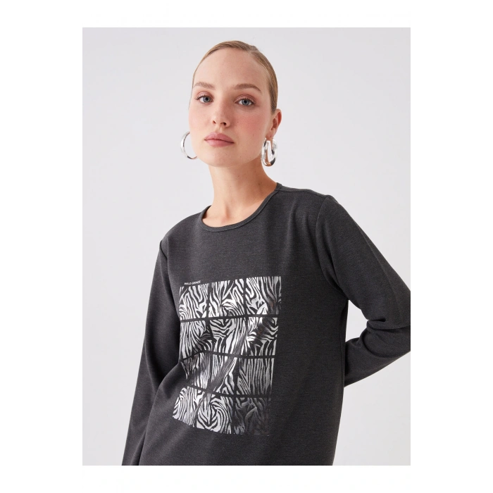 Bisiklet Yaka Baskılı Uzun Kollu Kadın Tunik