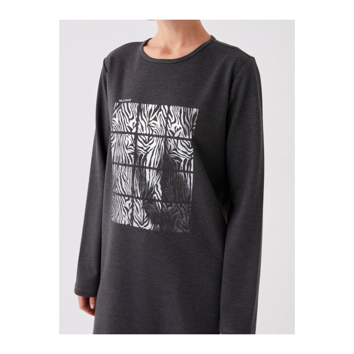 Bisiklet Yaka Baskılı Uzun Kollu Kadın Tunik