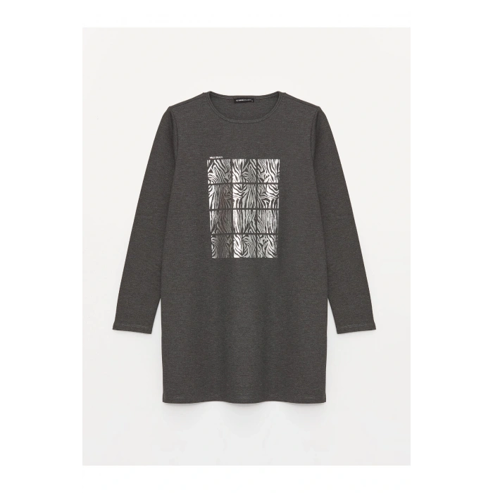 Bisiklet Yaka Baskılı Uzun Kollu Kadın Tunik