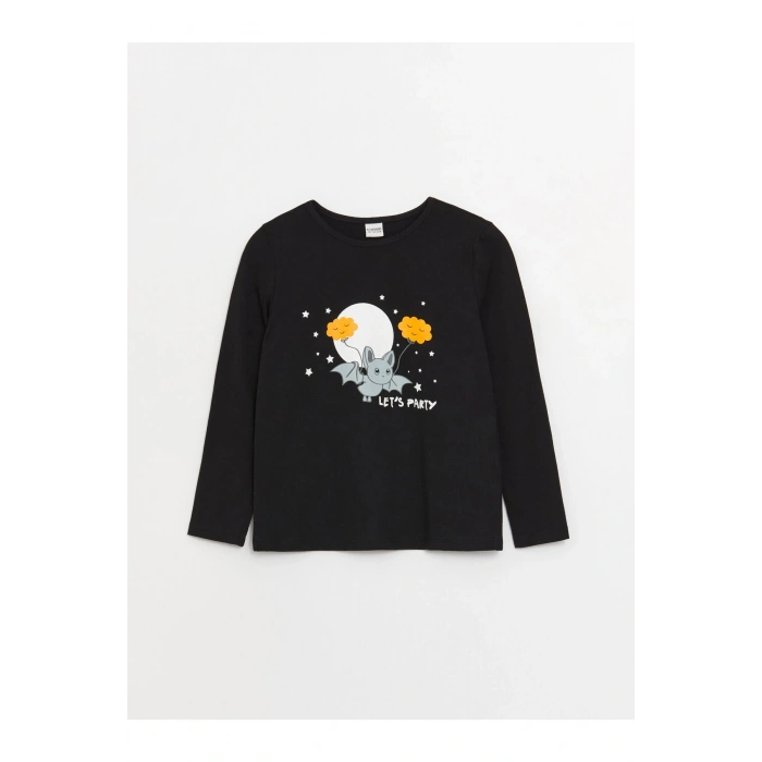 Bisiklet Yaka Baskılı Uzun Kollu Kız Çocuk Tişört