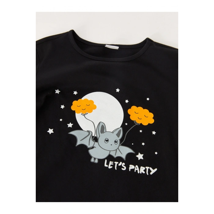 Bisiklet Yaka Baskılı Uzun Kollu Kız Çocuk Tişört