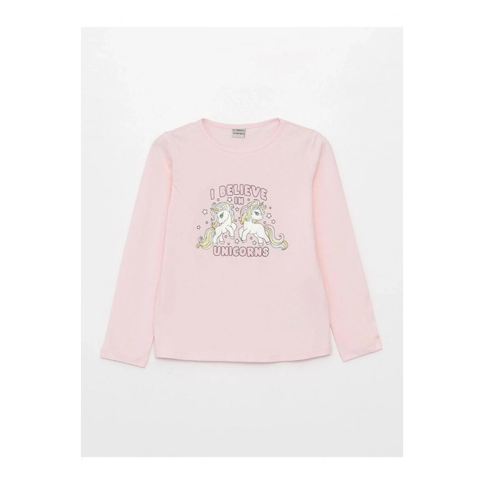 Bisiklet Yaka Baskılı Uzun Kollu Kız Çocuk Tişört (W3)