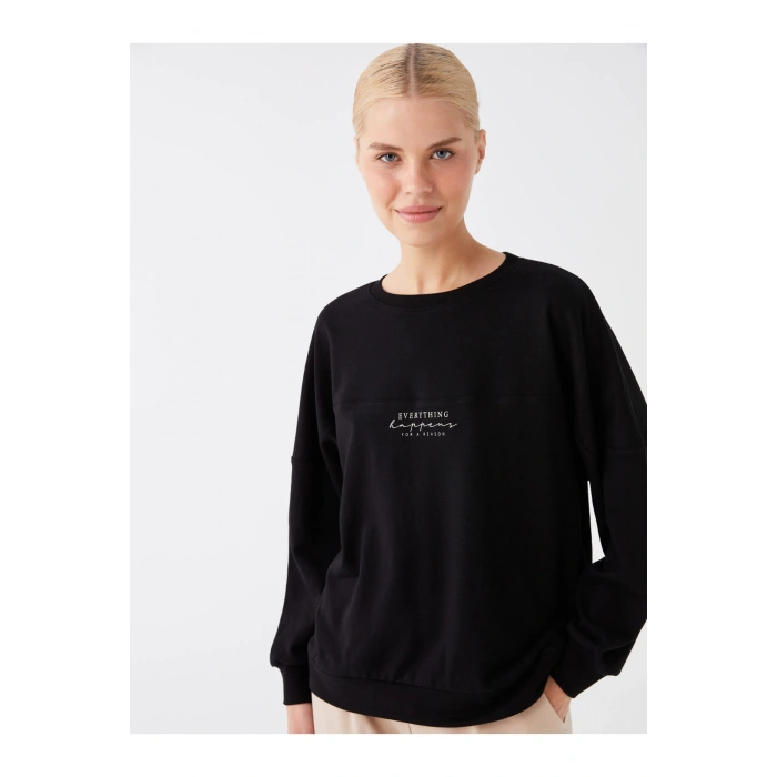 Bisiklet Yaka Baskılı Uzun Kollu Oversize Kadın Sweatshirt