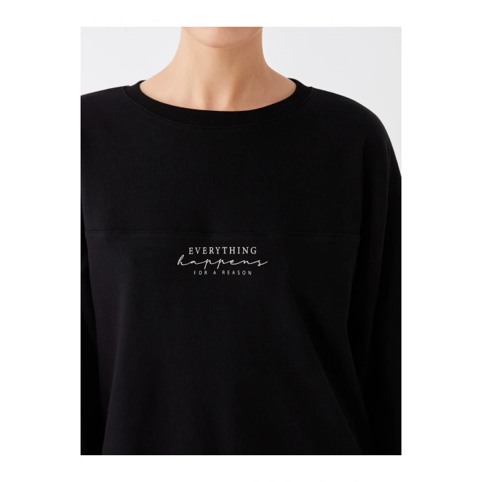 Bisiklet Yaka Baskılı Uzun Kollu Oversize Kadın Sweatshirt