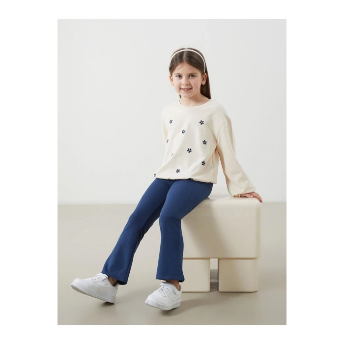 Bisiklet Yaka Çiçekli Kız Çocuk Sweatshirt ve Tayt Pantolon 2li