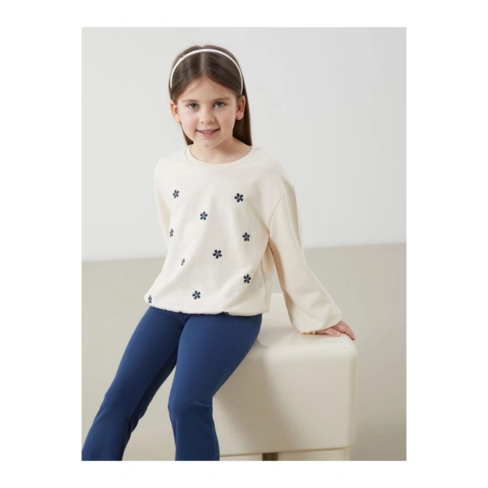 Bisiklet Yaka Çiçekli Kız Çocuk Sweatshirt ve Tayt Pantolon 2li