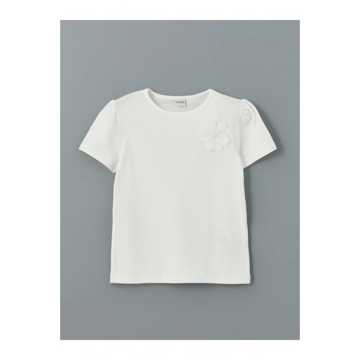 Bisiklet Yaka Çiçekli Kız Çocuk Tişört