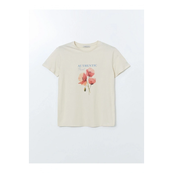 Bisiklet Yaka Çiçekli Penye Kadın Tişört